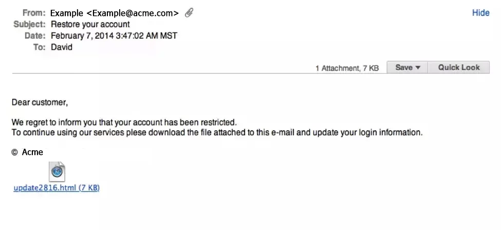 Example of phishing attack