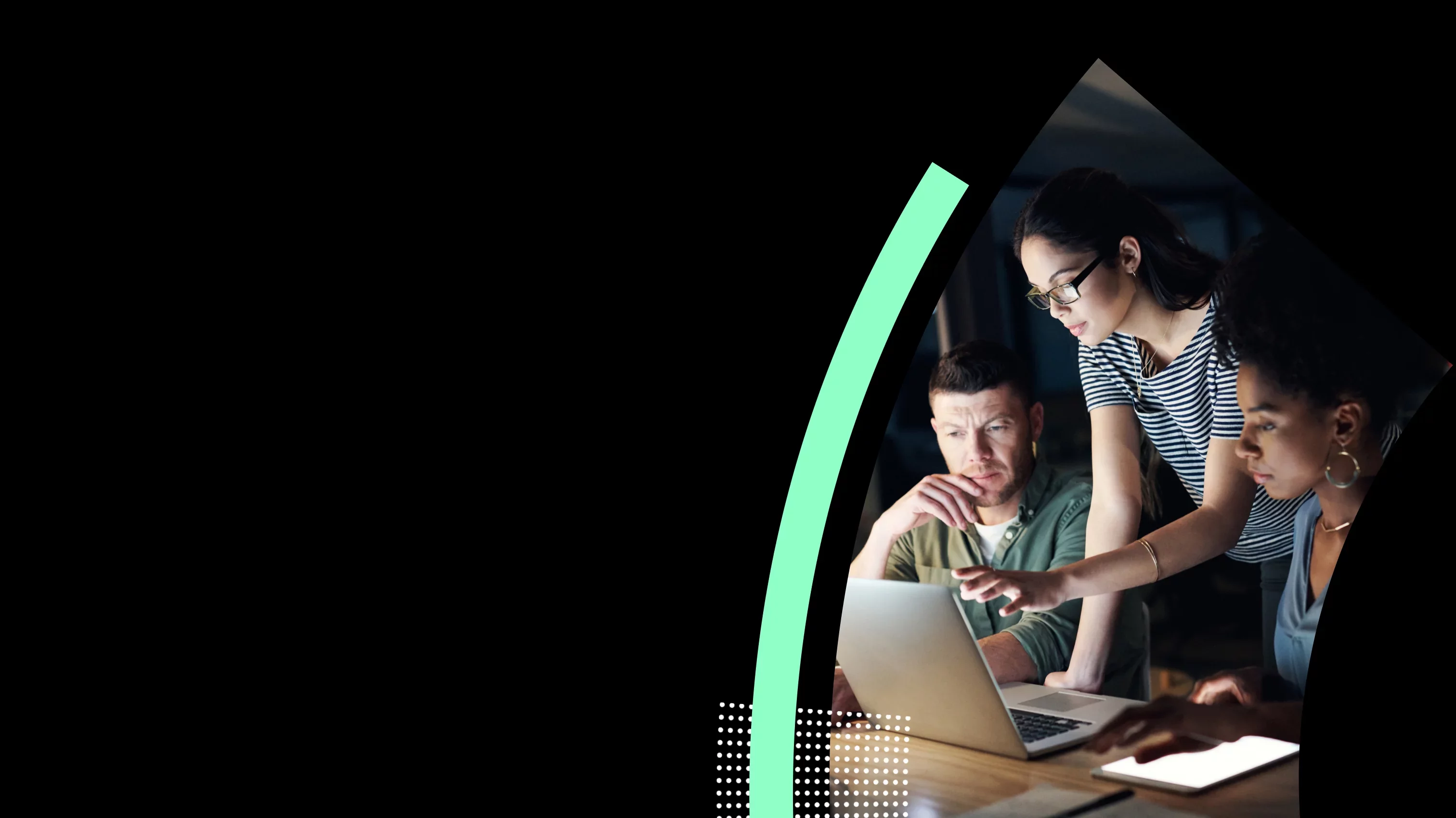 Three cybersecurity professionals collaborating around a laptop in a modern office, analyzing data on screen—framed by a green curved graphic on a black background consistent with Proofpoint branding.