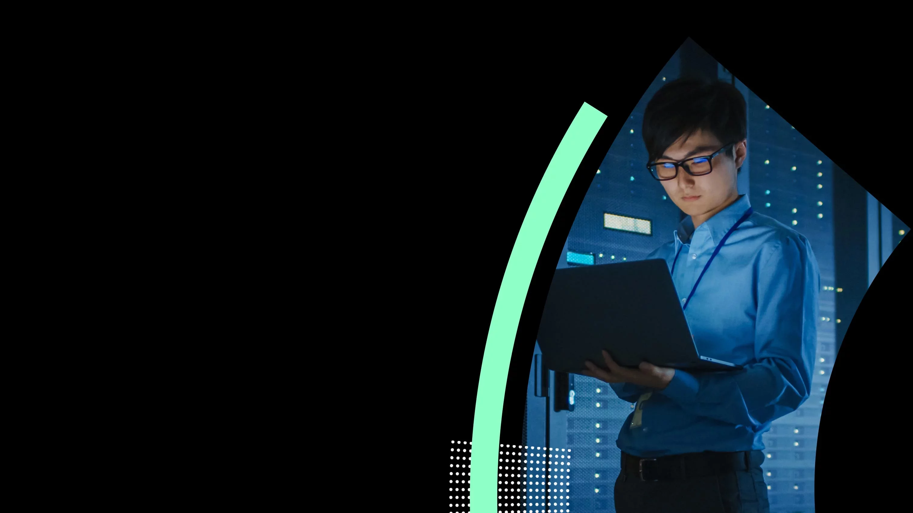 A security analyst working on a laptop inside a data center, reviewing enterprise AI governance and security controls—framed by a green curved graphic on a black background in Proofpoint brand style.