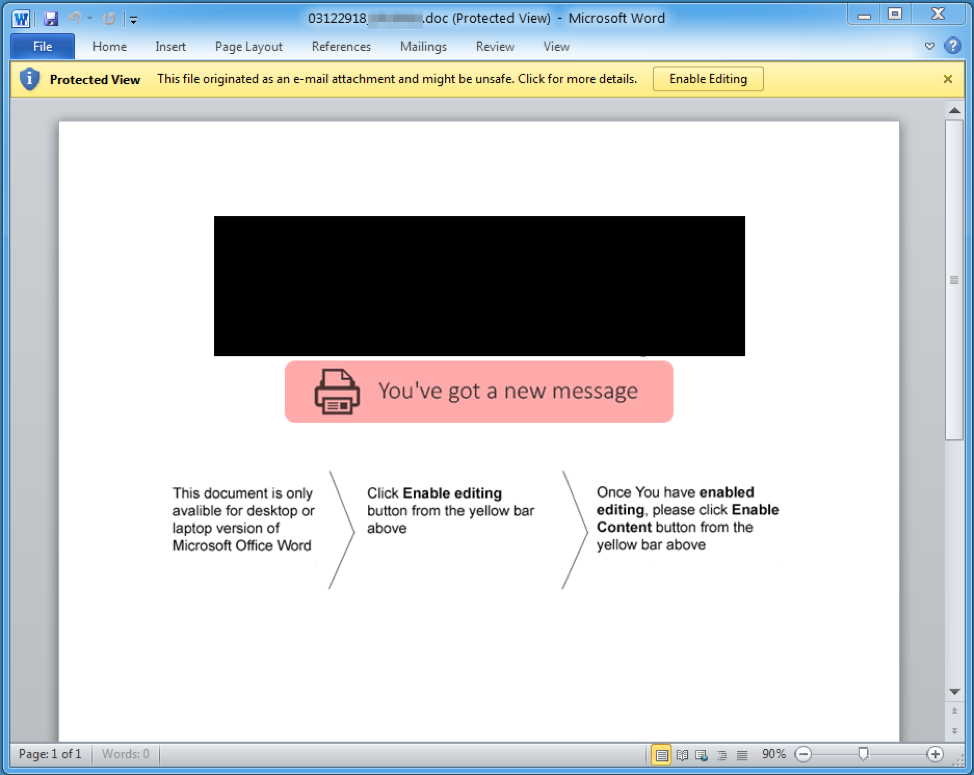 Attached document with logo blacked out and social engineering to trick recipients into enabling macros