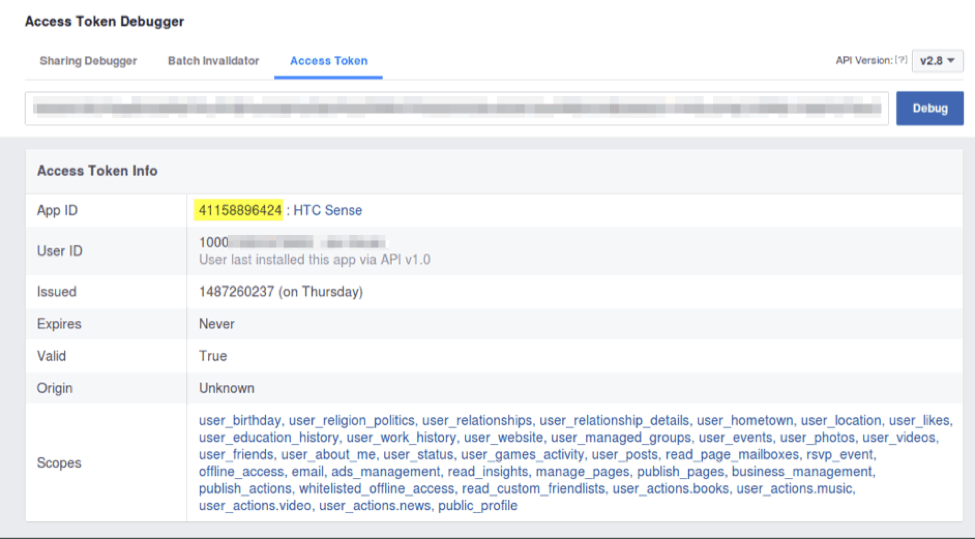 Access Token Debugger output showing matching app ID of application