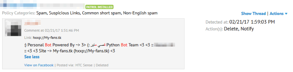 Spam generated by HTC Sense app on media company’s page