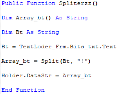 Sample code from WhiteShadow script with data decoding routine for array splitting using separator value of ‘!’.