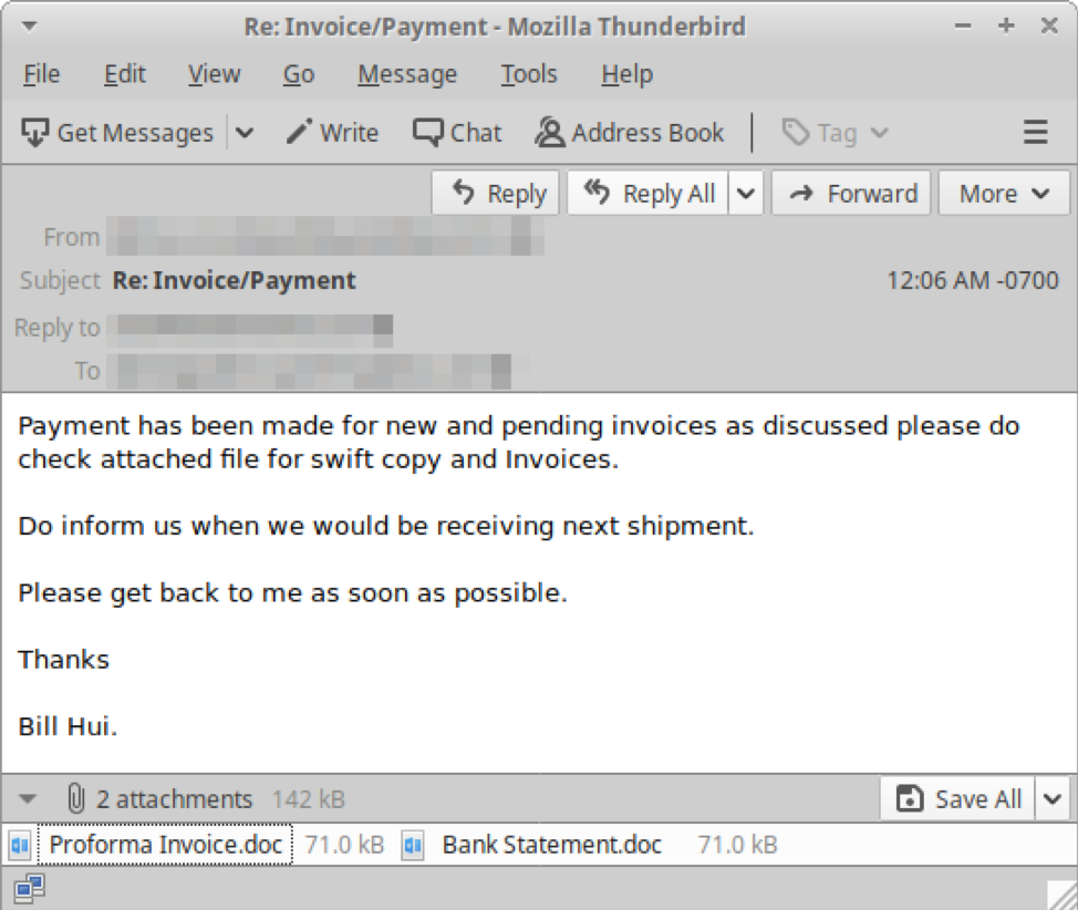 Malicious email from threat actor containing Microsoft Word attachments that will execute Visual Basic macros