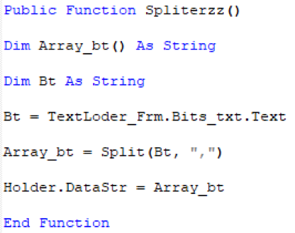 Sample code from WhiteShadow script with data decoding routine for array splitting using separator value of ‘,’.