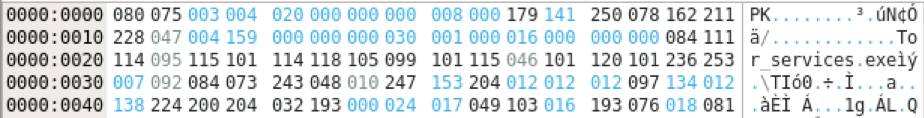 Hex editor representation of ‘decoded’ PKZIP file as written to disk