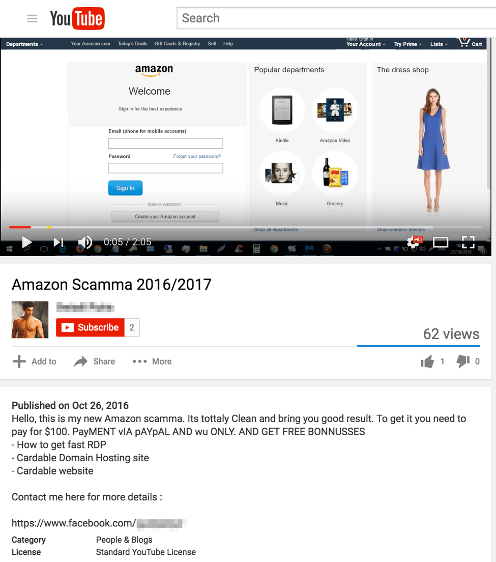 YouTube demo video of an Amazon phishing template with a Facebook link to contact the author